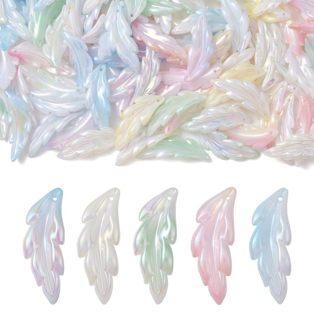 1818 100Pcs Random Acrylic Feather Charms AB Color Plated Colorful Feather